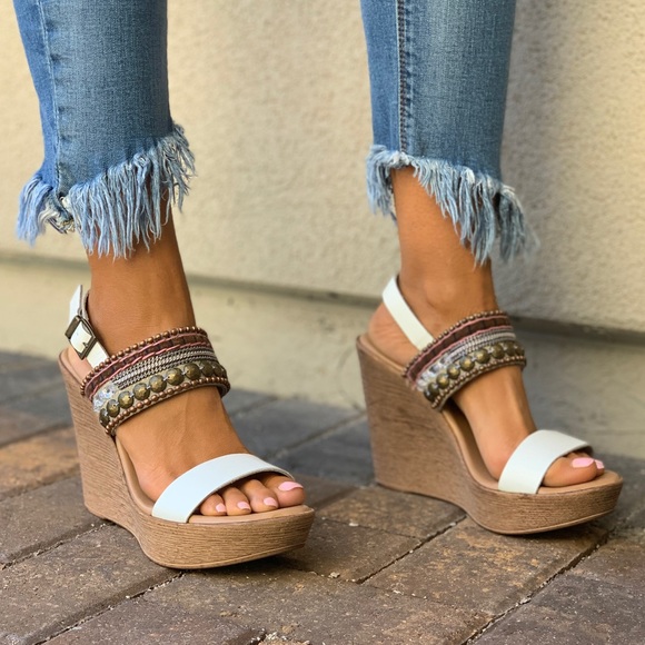 White Leather Boho Embellished Wedge Sandal - Picture 3 of 8
